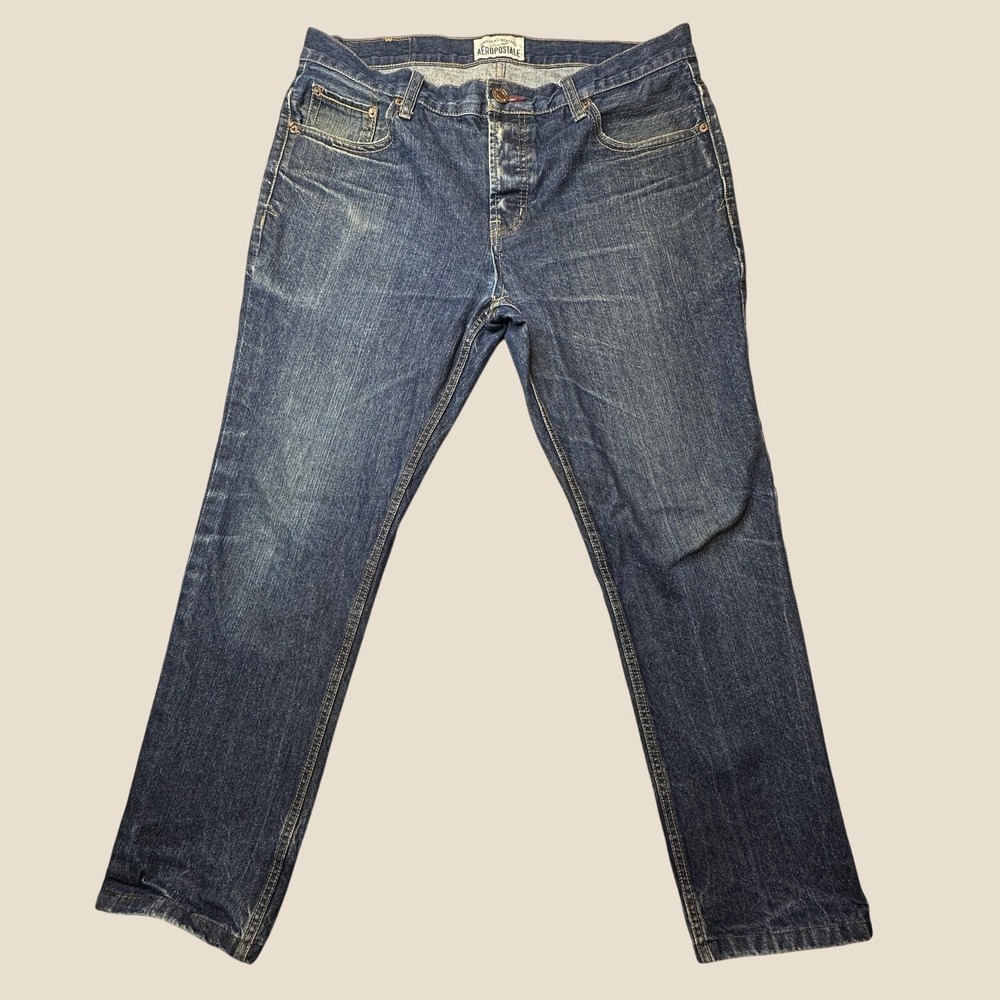 Aeropostale Jeans Mens 34x32 (36x27) Straight Leg Blue Wash Button Fly Denim
